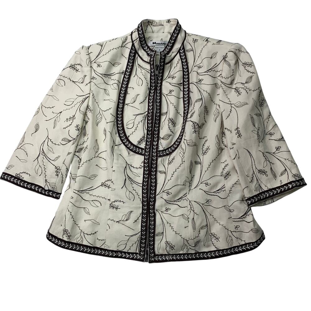 Nygard Collection Womens Petite 8 Linen Blend Embroidered 3/4 Sleeve Blazer